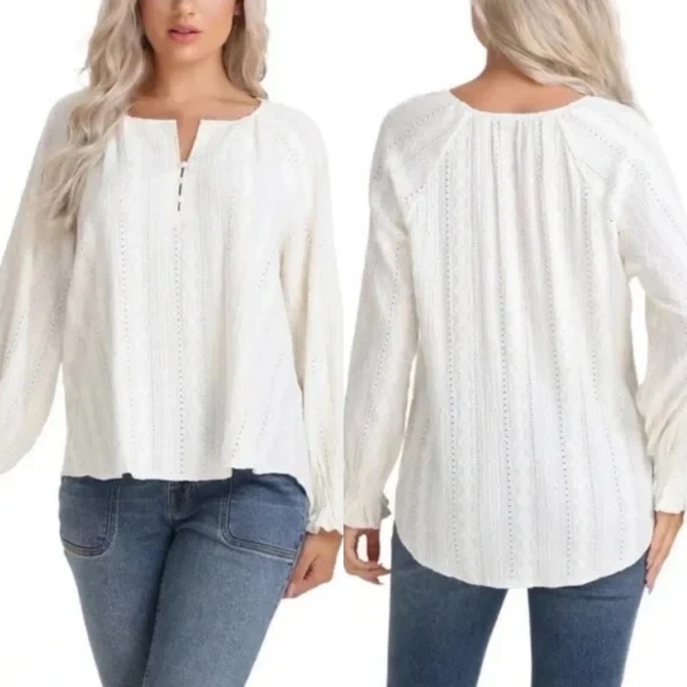 Frye Salt Breeze cream off-white split neck long sleeve peasant blouse - Picture 1 of 12